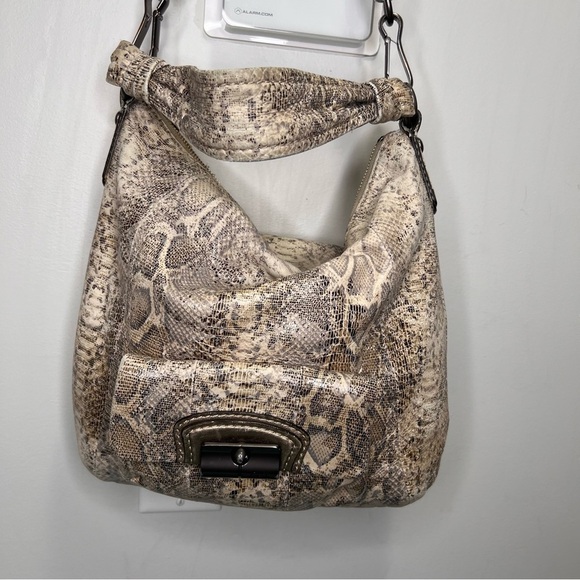 Coach Kristin Embossed Gray/Beige/Tan Leather Python Print Hobo Handbag Zip Top - Picture 2 of 16